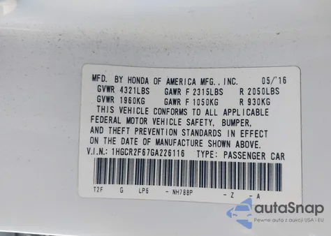 2016 Honda Accord Sport z USA, uszkodzony, nr VIN 1HGCR2F67GA226116